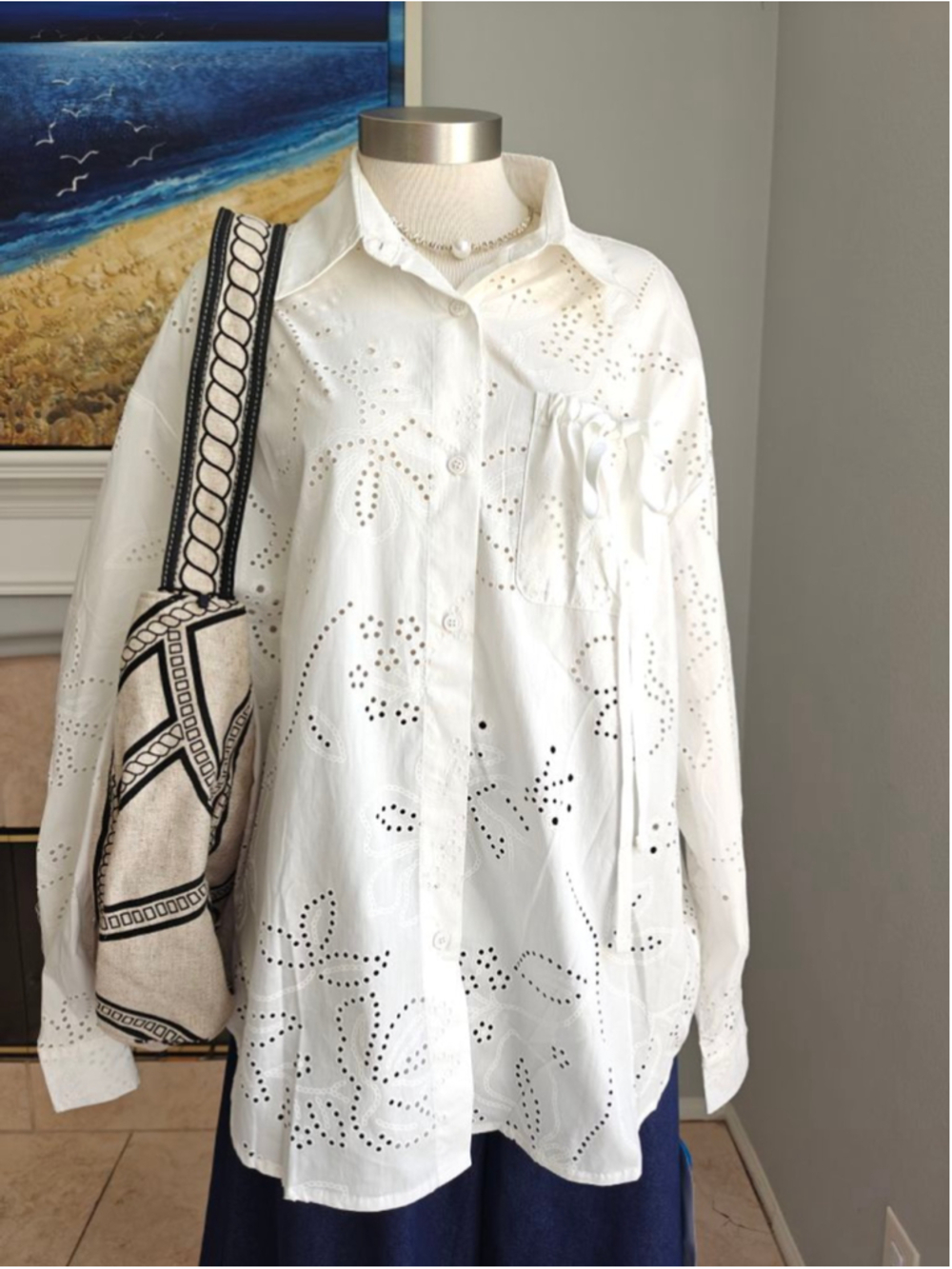 White Eyelet Button-Down Shirt - Classic Collared Top